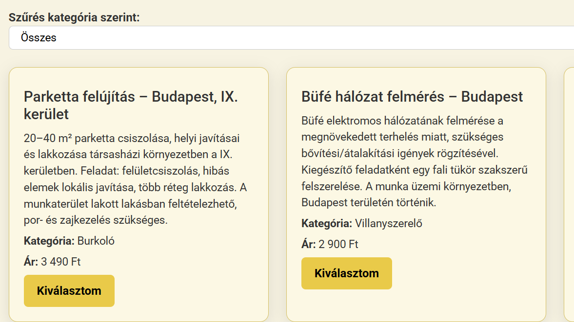 Constructo Marketplace – példa megbízáslista (munkaleírás + helyszín)